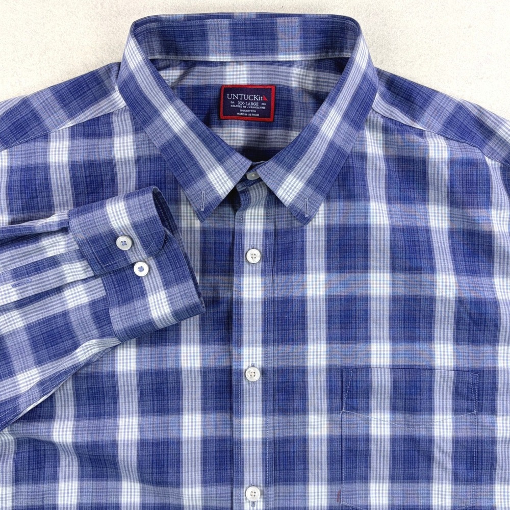 UNTUCKit Mens XXL Relaxed Fit Wrinkle Free Blue Plaid Button Down Shirt LS